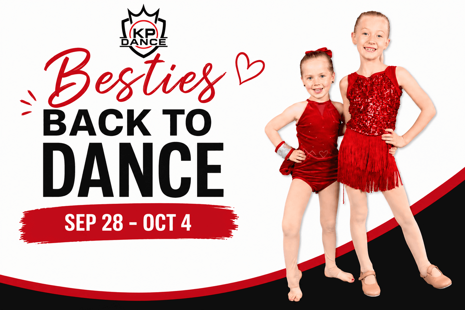 Besties Back to Dance flyer - two dancers in red costumes, September 28th to October 4th