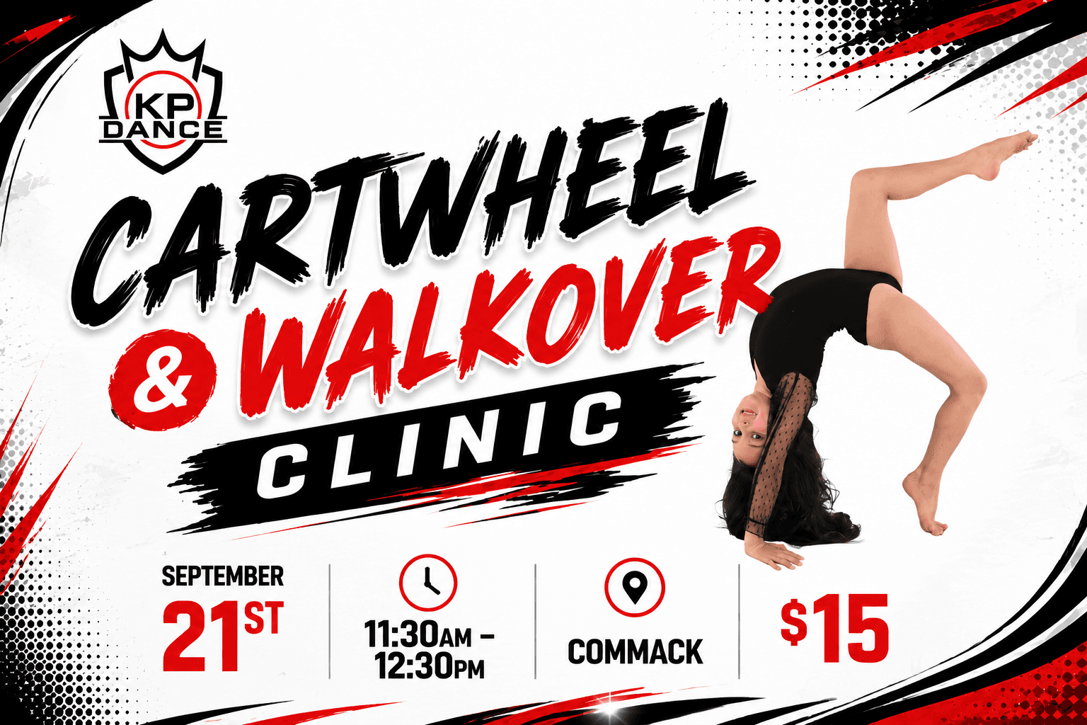Cartwheel & Walkover Clinic flyer - September 21st, 11:30am to 12:30pm, Commack, $15